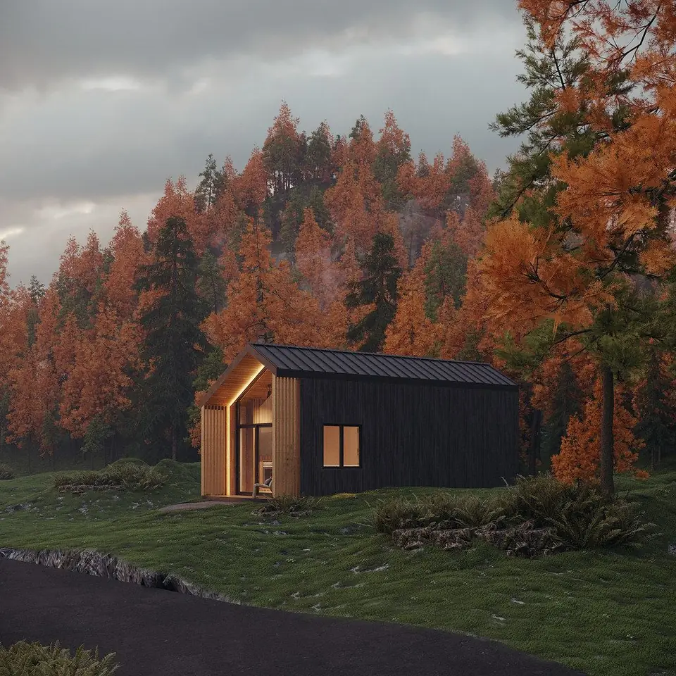 Dark timber cabin with a warmly lit glass gable, set in an autumn pine forest at dusk