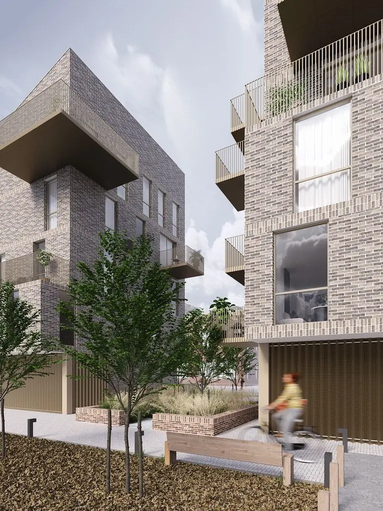 Brick mid-rise apartment buildings with balconies along a landscaped street, exterior render