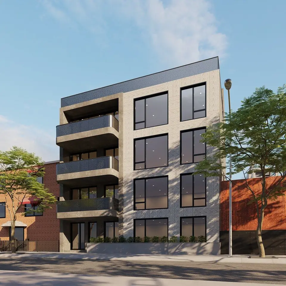 Four-story corner apartment building with a pale stone facade and balconies, exterior render