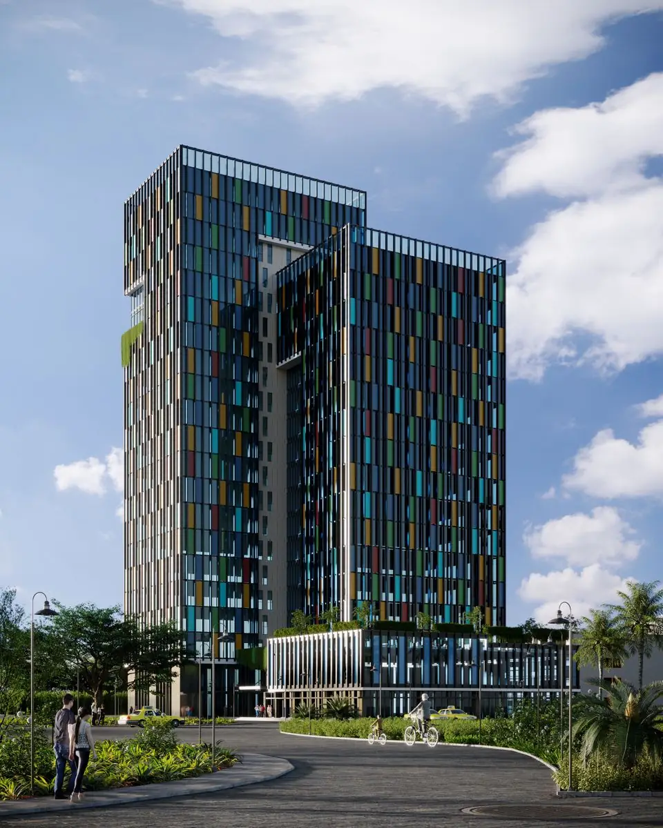 High-rise tower with a blue and green glass facade and a landscaped drop-off, exterior render