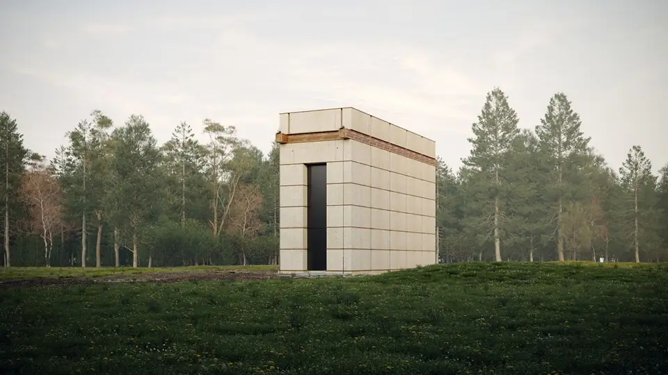 Exterior render of a small pale stone pavilion standing in a meadow in front of a pine forest