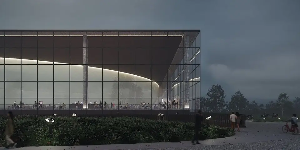 Glazed event hall at dusk with a curved lit ceiling and people inside, exterior render