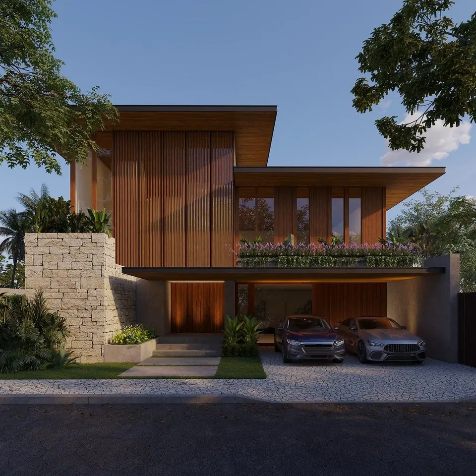 Modern villa with vertical timber screens, a stone wall and a carport with two cars, exterior render at dusk