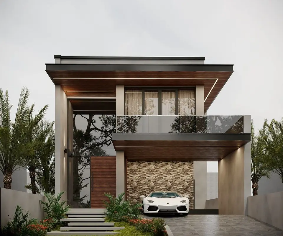 Exterior render of a modern two-story townhouse with timber cladding, a glass balcony and a stone feature wall