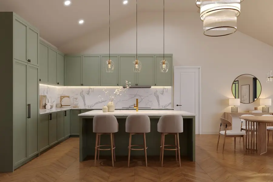 Kitchen render with sage green cabinets, a marble backsplash and an island with three stools
