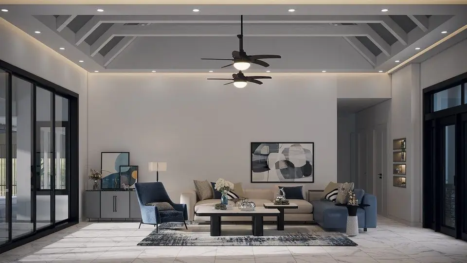 Large living room render with a beamed vaulted ceiling, ceiling fans and sliding glass doors