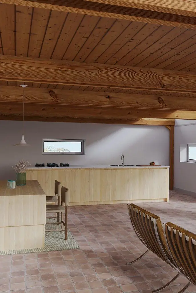 Kitchen render with exposed timber ceiling beams, a terracotta tile floor and a pale wood island