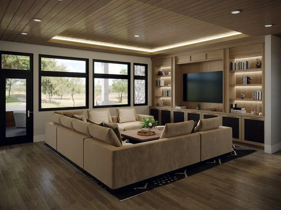 Living room render with a timber ceiling, warm cove lighting, lit built-in shelving and a sectional sofa