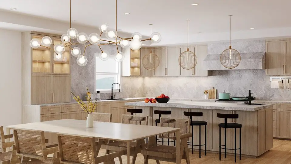 Light-oak kitchen render with an island, black bar stools, cane dining chairs and a glass globe chandelier