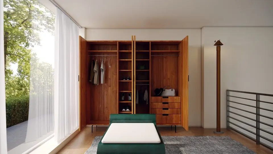 Bedroom render with an open walnut wardrobe, a green upholstered bench and sheer curtains