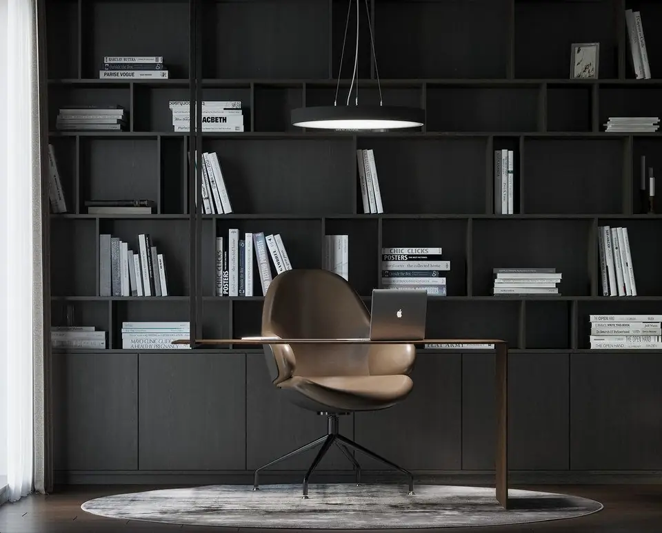Home office render with black floor-to-ceiling shelving, a desk with a laptop and a leather swivel chair