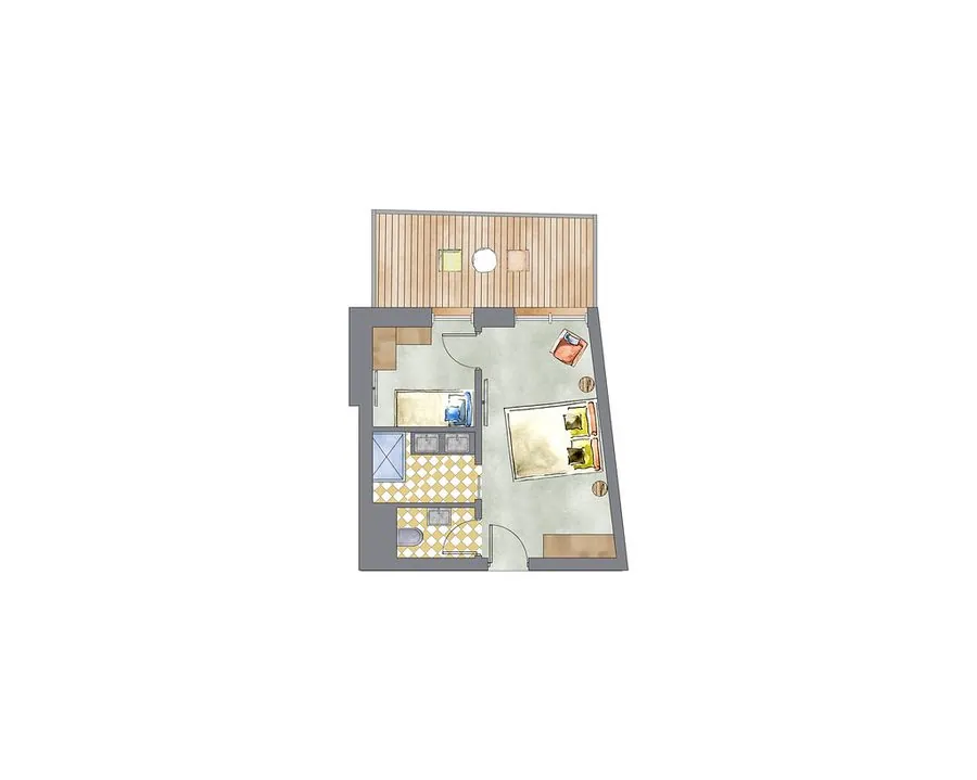 Watercolor-style 2D floor plan