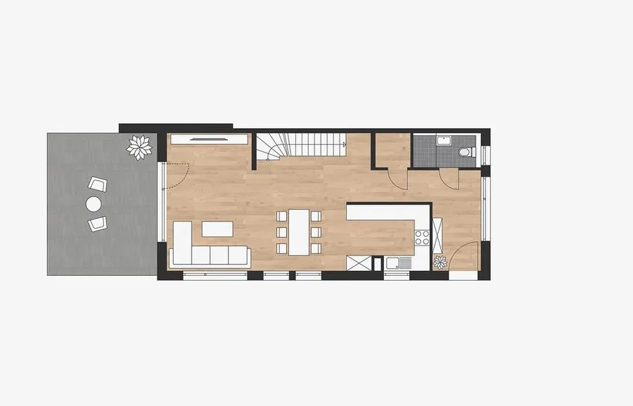 Ground-floor plan of a house with staircase and patio