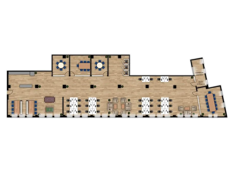 Office floor plan with open-plan desks, meeting rooms and a boardroom table